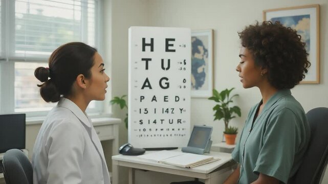 Patient Receiving an Eye Exam at Clinic Sitting by Eye Chart