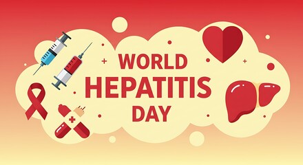 World Hepatitis Day graphic featuring a liver, heart, ribbon, syringes, and pills on a cloud-like background.