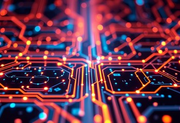 Abstract futuristic circuit board glowing with nodes and lines representing big data, AI, and quantum computing,  data flow,  system