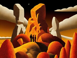 surreal alien landscape: abstract rock structures and contemplative figures – perfect for a sporty interior poster or futuristic art decor