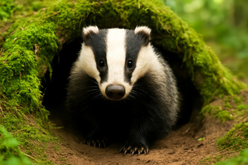 European Badger Emerging From Mossy