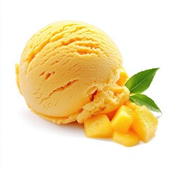 Mango sorbet ice cream scoop isolated on white background.