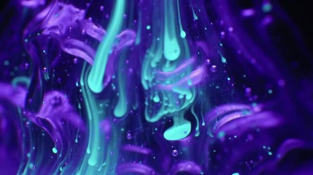 Abstract purple and teal liquid motion with small particles and dark background creating a swirl effect