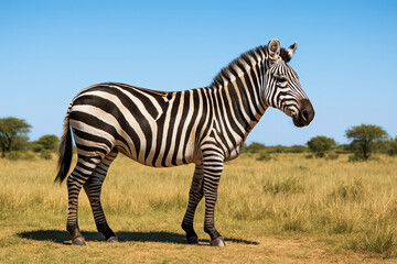 Fototapeta premium Zebra Standing on Grassy Savannah under Blue Sky