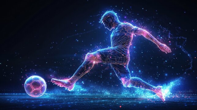 Futuristic digital soccer player made of neon light lines kicking a ball in a high-tech stadium.