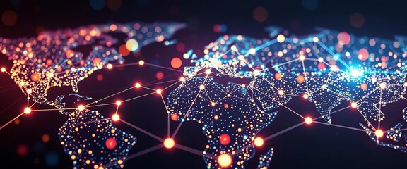Abstract glowing network connecting global data points,  innovation,   connectivity