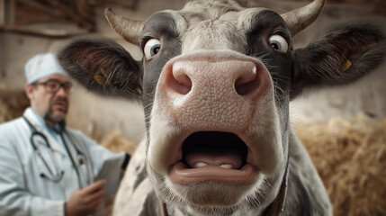 Animated cow with shocked expression being examined by a vet in a barn