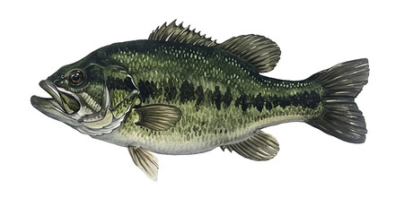 Largemouth Bass Watercolor Illustration - Detailed Fish Art watercolor png, transparent isolated nackground