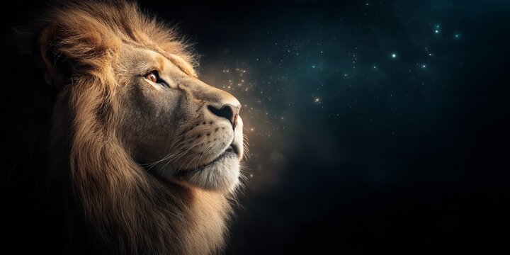 Lion of Judah, Christian bible symbolism background wallpaper with copy space. Artistic painting, cinematic style