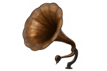 Old gramophone horn playing music, isolated on transparent background, representing vintage audio technology