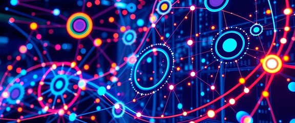 Abstract big data network with integrated circles, nodes, and connections;  data storage center concept,   data science,   cybersecurity