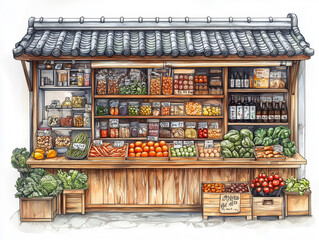 Street stall selling local vegetables, fruits and spices from farmers. Watercolor style illustration