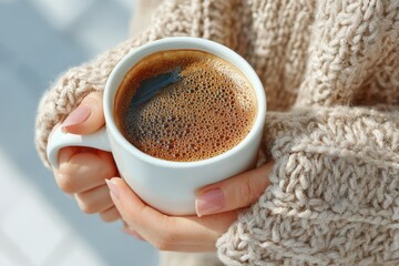 Woman holding a white mug of coffee banner