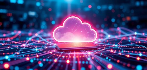 Abstract futuristic cloud data network with smartphone, server, and data streams,  data transfer,  smartphone