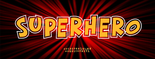 Comic superhero alphabet, bold fun letter set on cartoon explosion burst background, manga font for fun cartoon logo, hero headline, creative pop art typography, modern kids design. Vector typeset.