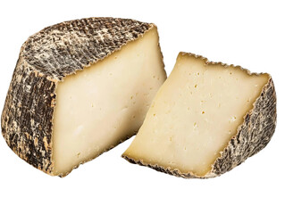 Freshly Cut Aged Cheese Wheel with Natural Rind, Slice Displayed on Isolated Background for Gourmet Food Photography and Culinary Uses