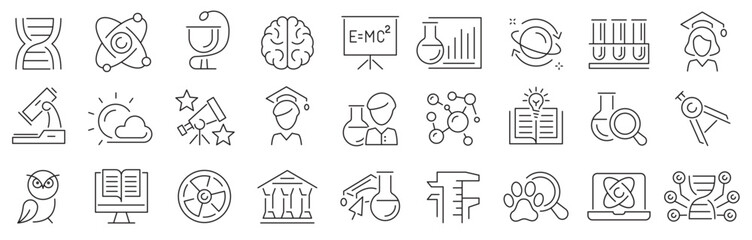 Science icon set. Science, scientific activity elements, laboratory, experiment, research, physics.Outline icons collection. Science education symbol. Vector illustration