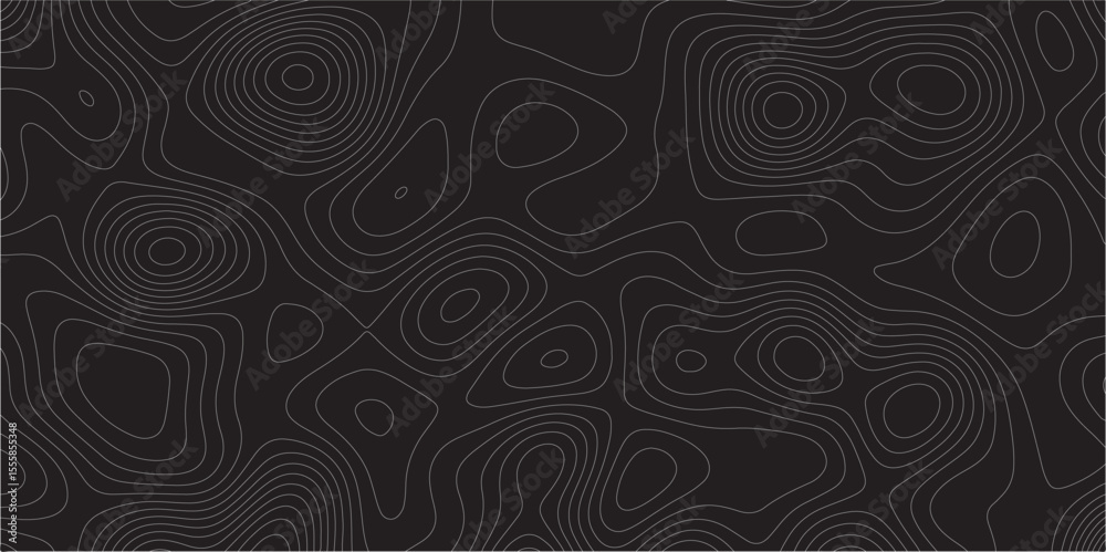 Poster Abstract white on black background Topographic line map pattern. Contour elevation topographic and textured Background Modern design with black background with topographic wavy patted.	