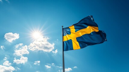 swedish flag flying under bright blue sky with scattered clouds, cinematic horizon