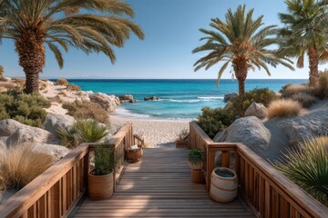 Fototapeta premium Wooden boardwalk on the beach banner
