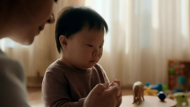 Asian mother caring for Down syndrome boy at home, loving mother supporting special needs child, family bonding and nurturing moment.

