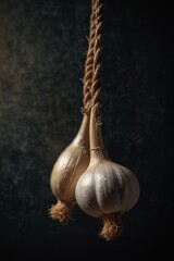 Two garlic bulbs hanging by braided rope on dark background