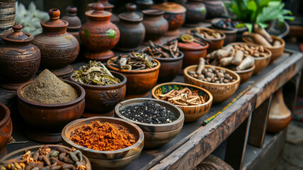 A colorful arrangement of various herbs and spices in terracotta containers, highlighting the richness of Indonesian culinary traditions