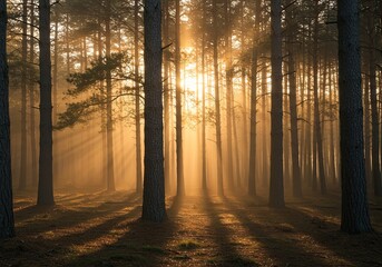 Fototapeta premium Golden sunbeams pierce through a misty pine forest creating a magical atmosphere