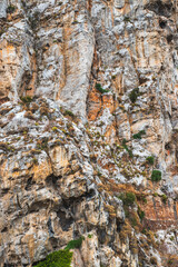 Cefalu Rock, a cliff in Sicily, Italy. Texture of sedimentary rock layers, a close-up view.