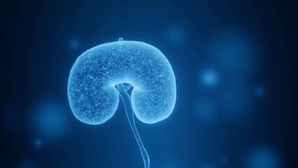 An artistic rendition of a human spleen, depicted as a fist-shaped, deep blue glass organ with intricate internal details, set against a serene underwater ambiance.