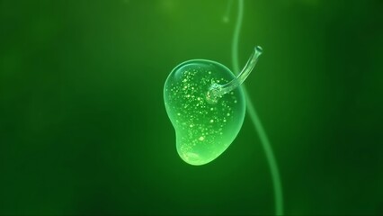 A stunning isometric view of a human gallbladder, crafted from emerald green glass with luminous internal glow and tiny transparent bile ducts, set against a blurred green foliage background.