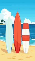 Colorful surfboards standing on sandy beach by ocean under blue sky  