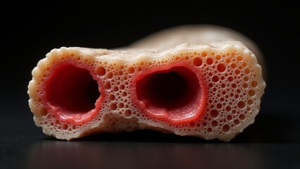 A highly detailed macro view of bone marrow's porous structure, featuring transparent bone with intricate red marrow, set against a stark black void.