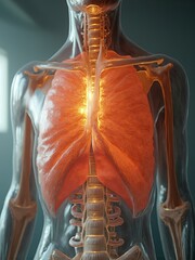A detailed frontal view of a segmented human trachea, crafted from clear glass with visible ciliary structures and illuminated by a warm internal light source, set against a blurred educational chart.
