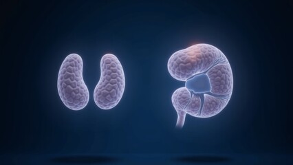 A conceptual medical visualization of male testes and prostate, depicted in semi-opaque frosted glass with a gentle ambient glow.