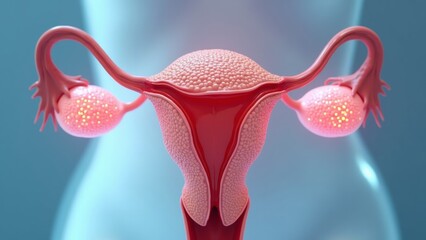 A detailed, clinical depiction of a female reproductive system, featuring a pear-shaped uterus and adjacent ovaries, rendered in clear medical glass under bright lighting.