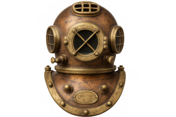 Old brass diving helmet with rivets and nameplate, isolated on transparent background, evokes underwater exploration and maritime history