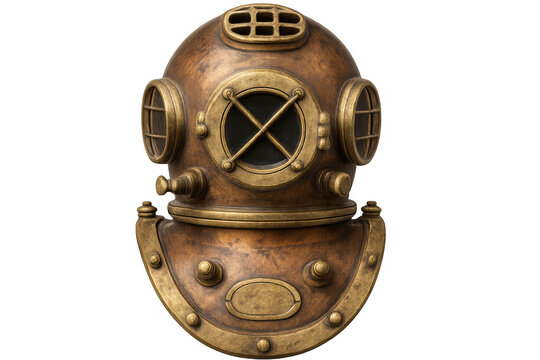 Old brass diving helmet with rivets and nameplate, isolated on transparent background, evokes underwater exploration and maritime history