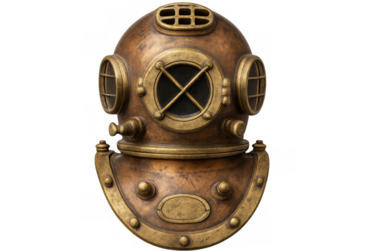 Old brass diving helmet with rivets and nameplate, isolated on transparent background, evokes underwater exploration and maritime history