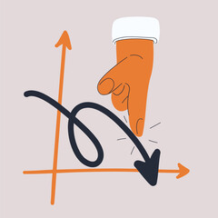Cartoon vector illustration of a hand pointing at a declining arrow graph, symbolizing awareness, risk management, and problem identification