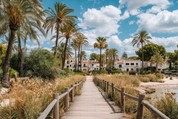 Obraz premium Wooden boardwalk on the beach banner