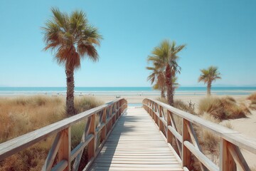 Obraz premium Wooden boardwalk on the beach banner