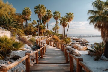 Fototapeta premium Wooden boardwalk on the beach banner