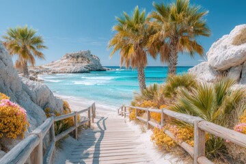 Wooden boardwalk on the beach banner