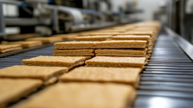 Manufacturing Process of Crisp Biscuit on Conveyor Belt in Factory