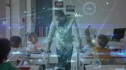 Male teacher entering classroom leaning on desks, engaging students with growing data graphs - Powered by Adobe