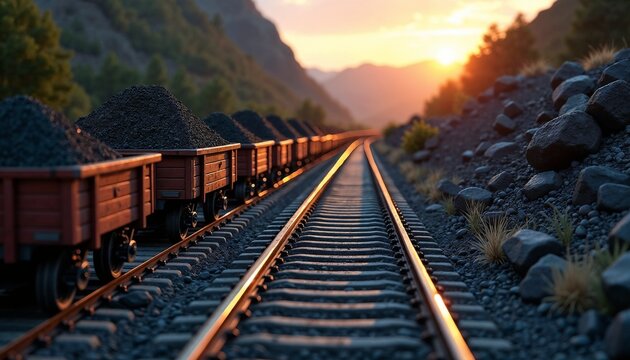 Reconstruction of models of coal trolleys on railway tracks at sunset in a mountain landscape