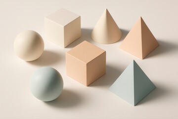 Geometric shapes in pastel colors arranged on a light surface studio