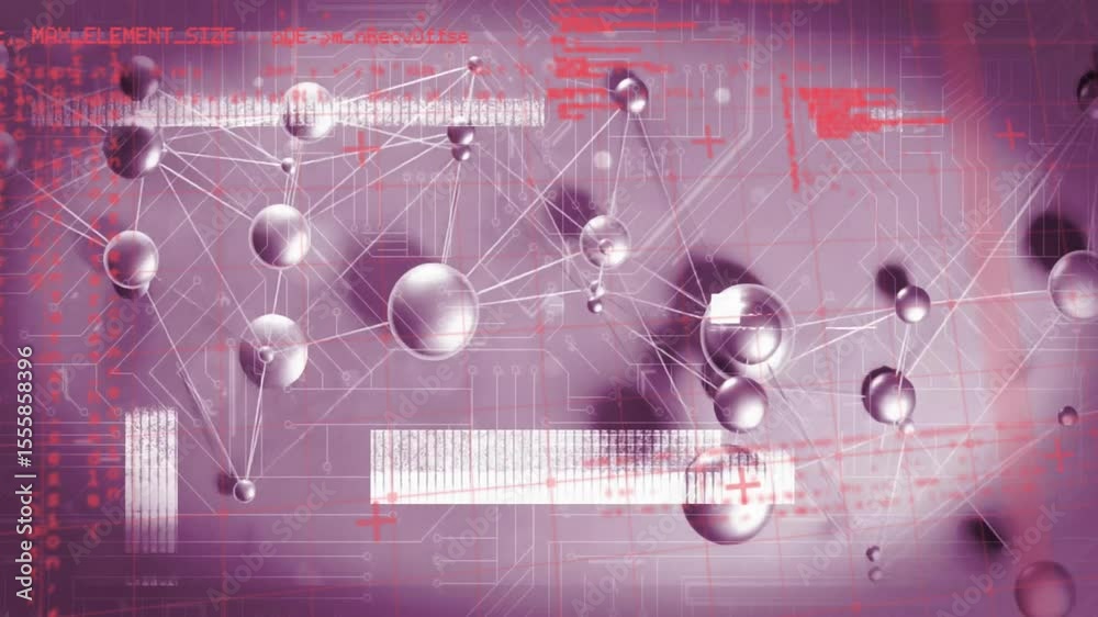 Poster offscreen spheres drifting in, linking via rods into network, growing pulsing visualizing data flow