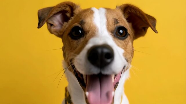 Happy brown and white Jack Russell Terrier dog panting with tongue out wearing a yellow collar on a bright yellow seamless background.